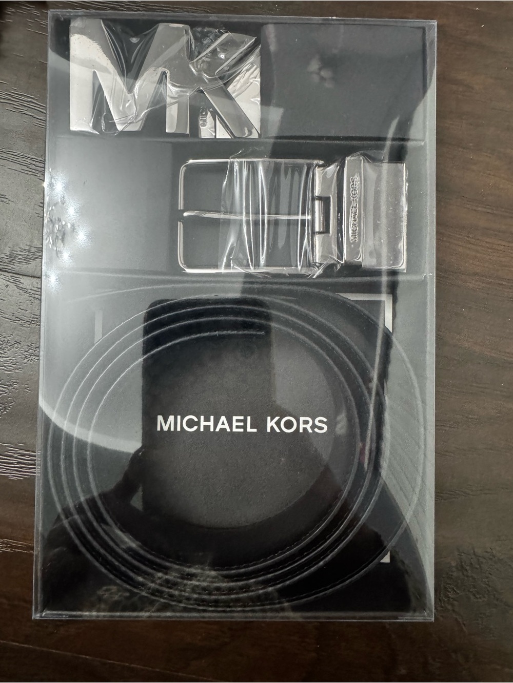 Michael Kors Black and Grey Leather Belt with Silver Buckle Set